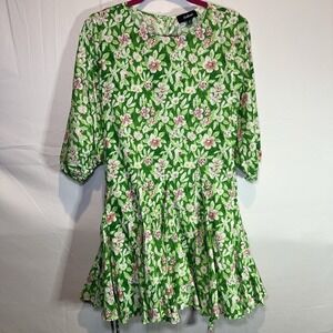 Aakaa Womens Medium Floral Mini Dress Green Long‎ Balloon Sleeve Tie-Belt Spring